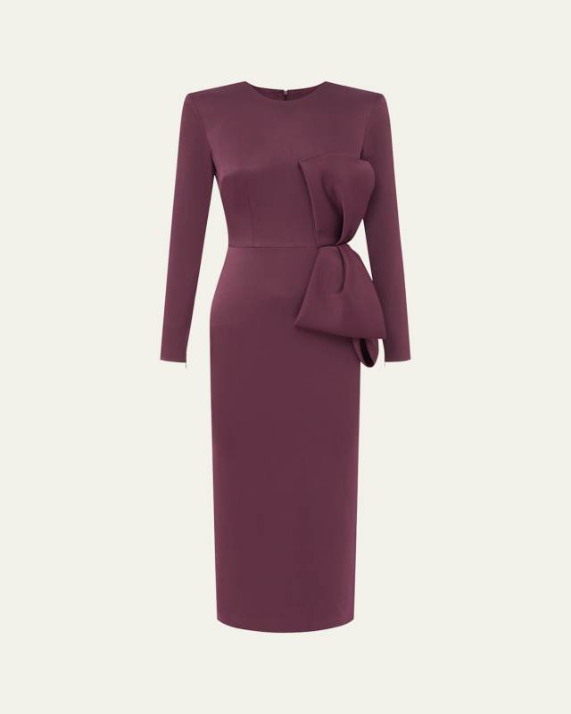 Bow Satin Crepe Long-Sleeve Midi Dress